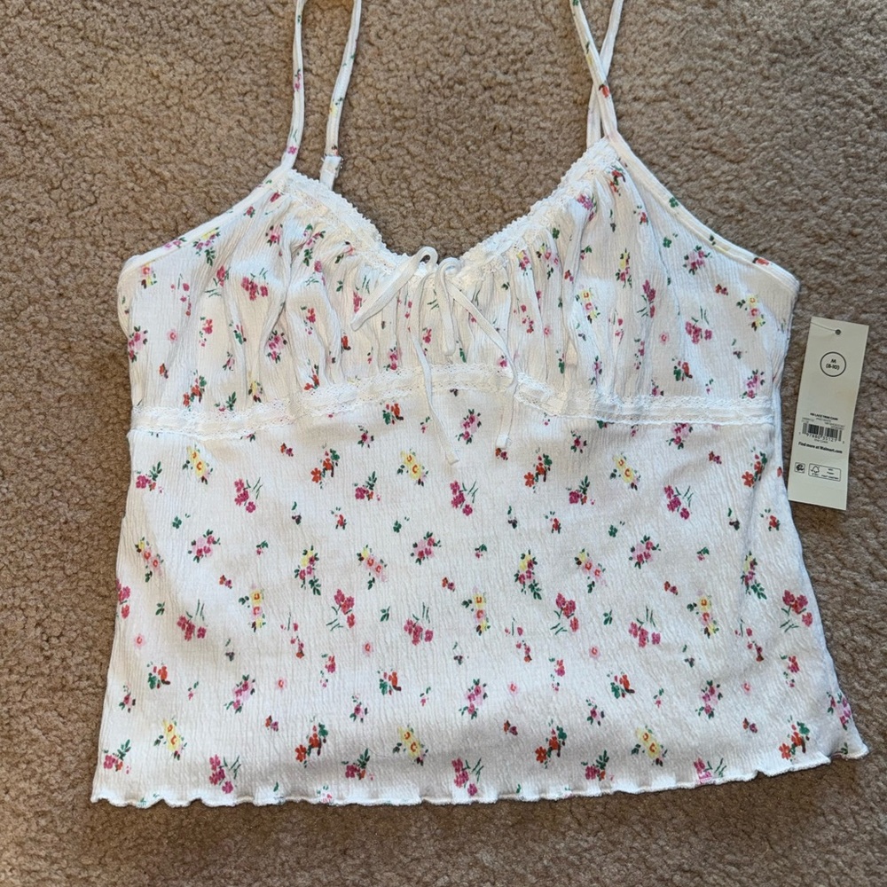 No Boundaries White Floral Cropped Cami with Pink & Yellow Blossoms